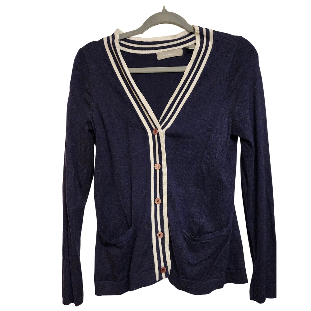 Liz Claiborne Navy Blue Preppy Cardigan Sweater with White Trim